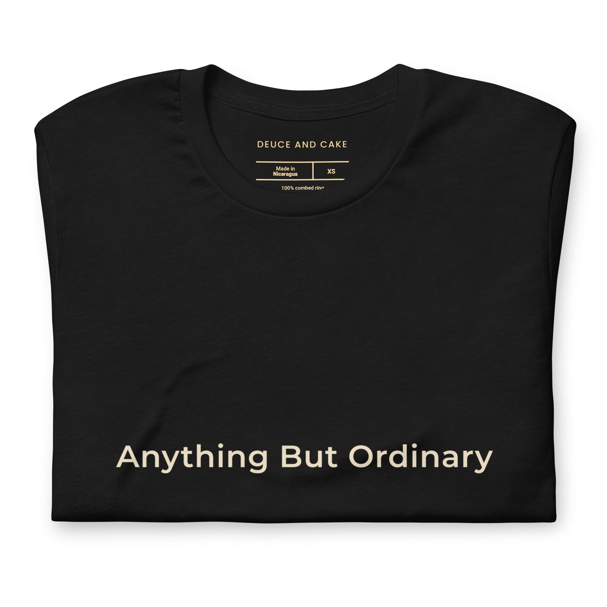 Black unisex t-shirt with the words, Anything But Ordinary on the front