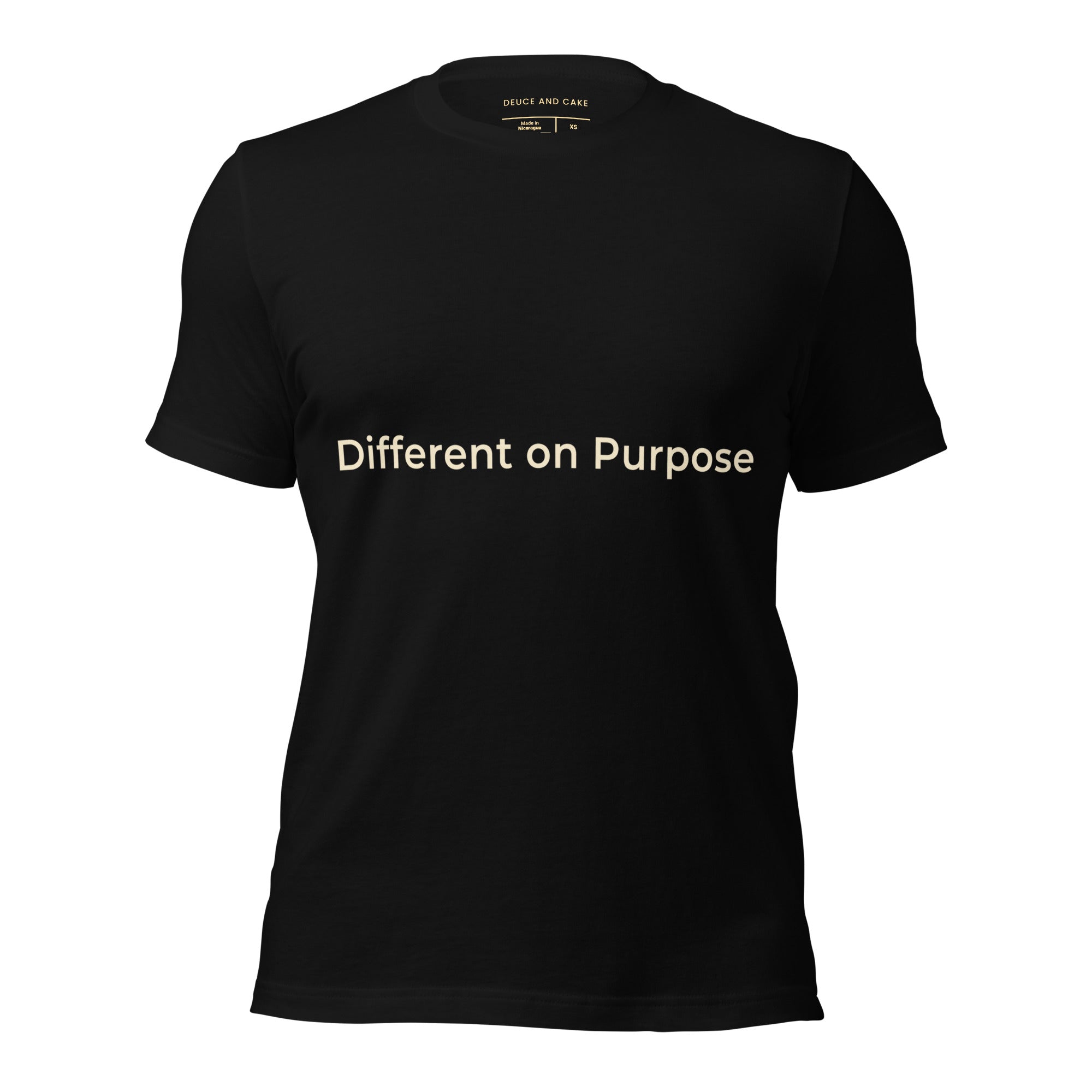 Black unisex t-shirt with the words, Different on Purpose in light gold lettering. 