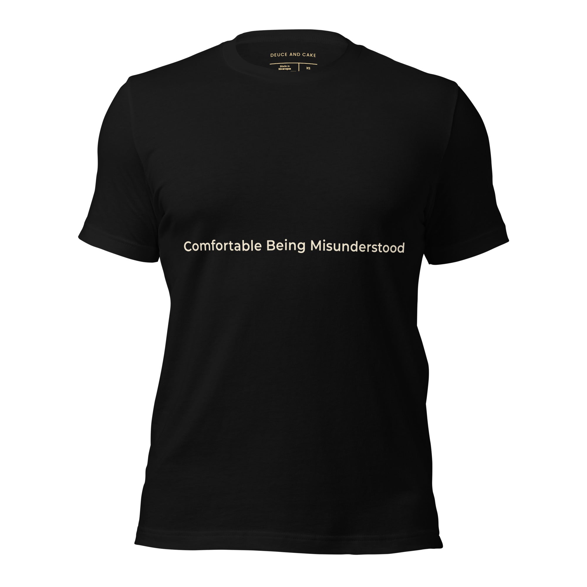 Black t-shirt with the words, Comfortable Being Misunderstood.