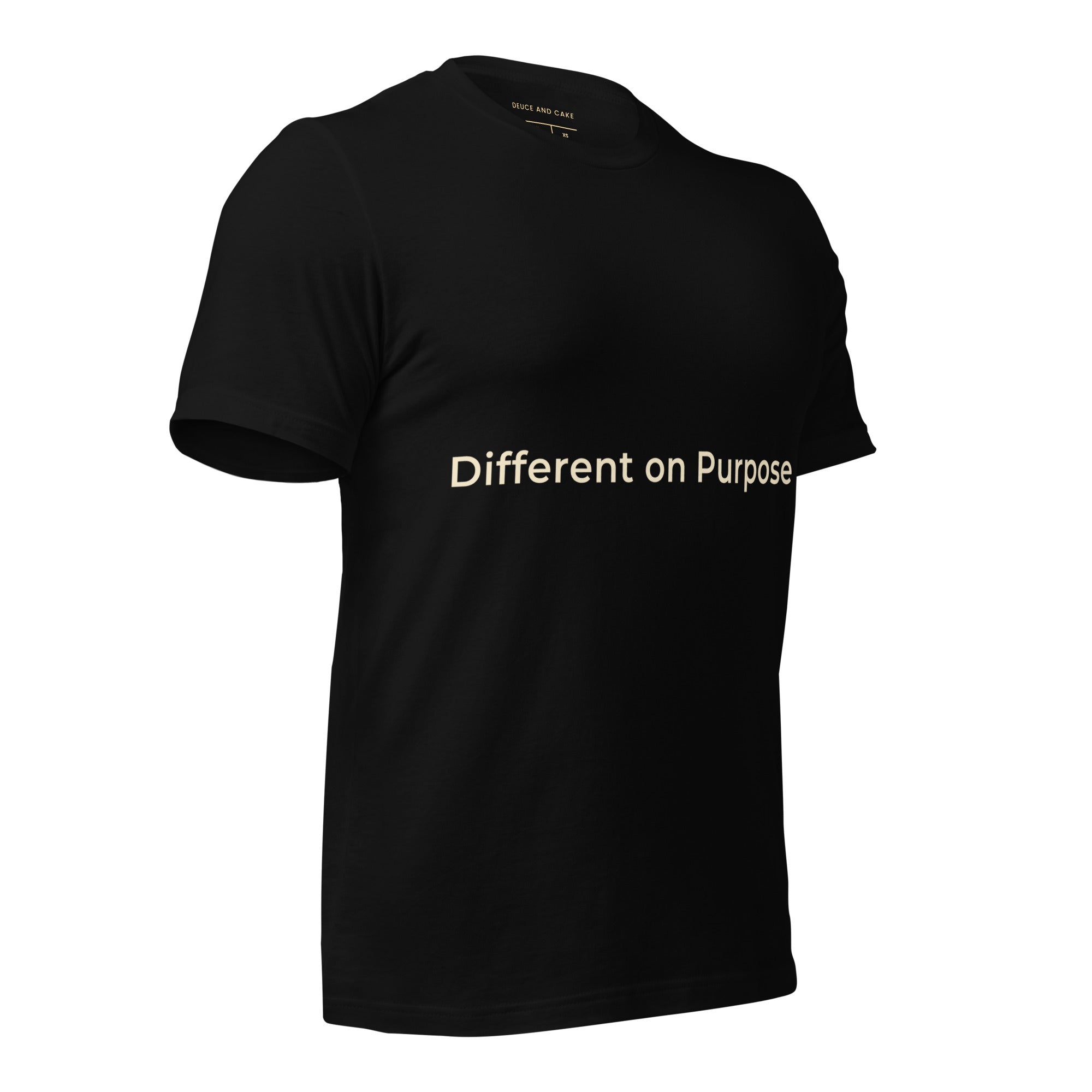 Black unisex t-shirt with the words, Different on Purpose in light gold lettering. 