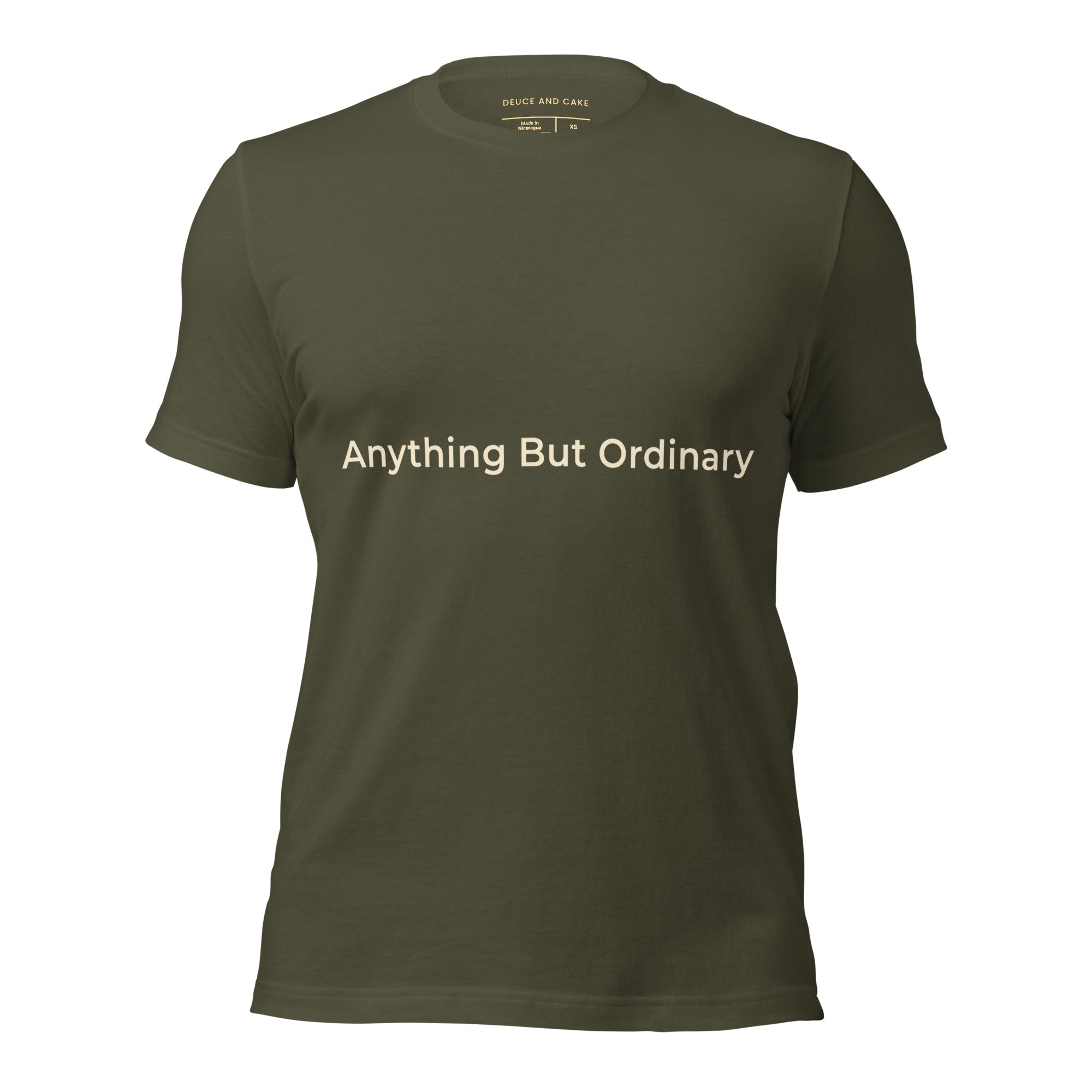 Military Green unisex t-shirt with the words, Anything But Ordinary on the front