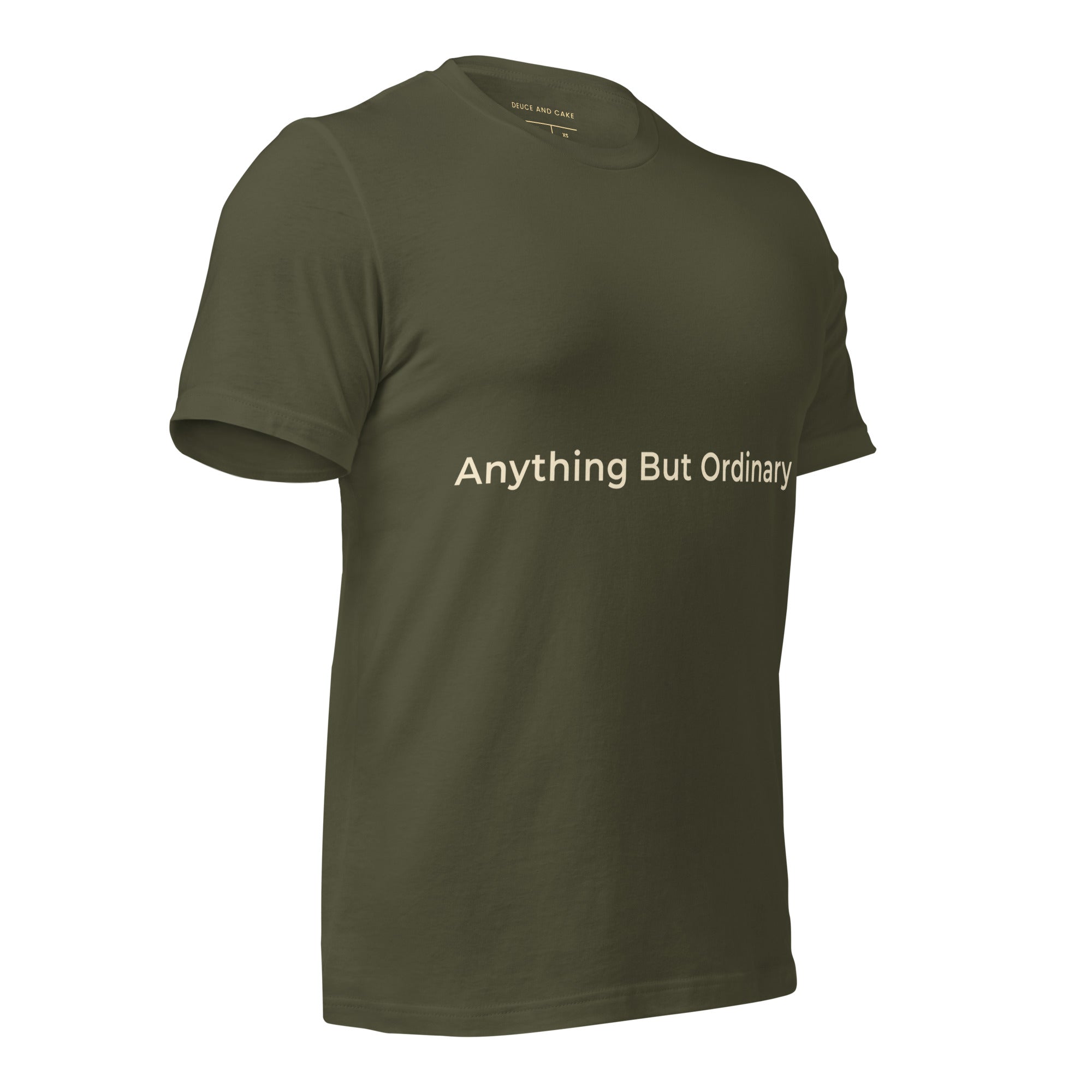 Military Green unisex t-shirt with the words, Anything But Ordinary on the front